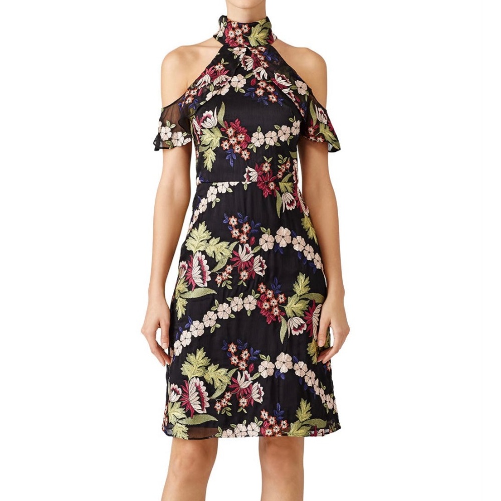 Monique Lhuillier Black Floral Garden Embroidered Dress- size 6